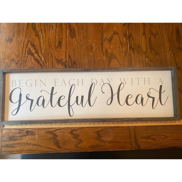 Rustic Wooden Wall Art Sign "Begin Each Day With A Grateful Heart" 12" X 36" - Picture 1 of 3